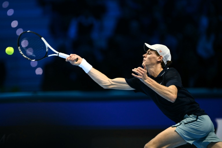 L'Italien Jannik Sinner lors de son match des Masters ATP face au Russe Daniil Medvedev le 14 novembre 2024 à Turin