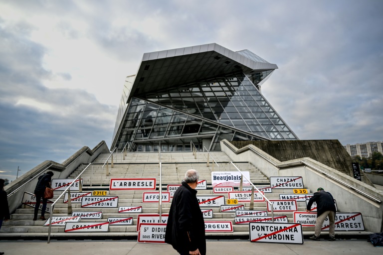 Des agriculteurs en colère déposent des panneaux de communes sur les marches du musée des Confluences à Lyon, le 18 novembre 2024