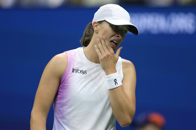 La Polonaise Iga Swiatek lors de sa défaite contre l'Américaine Jessica Pegula en quart de finale de l'US Open, le 4 septembre 2024 à New York