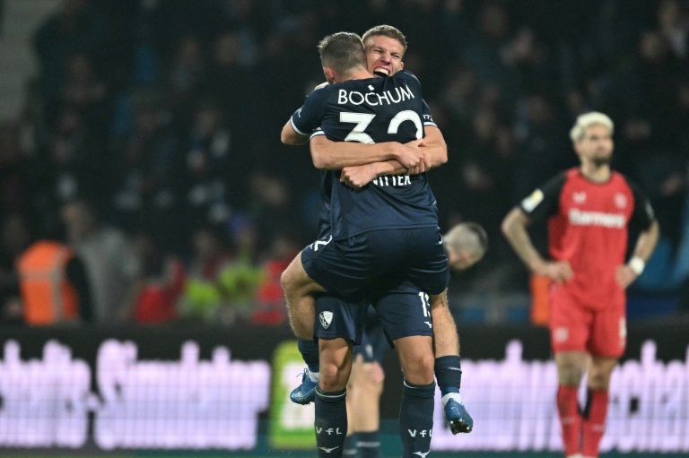 Le défenseur Jakov Medic de Bochum et son coéquipeir Maximilian Wittek célèbrent le match nul entre le Bochum et le Bayer Leverkusen en Bundesliga à Bochum, le 9 novembre 2024