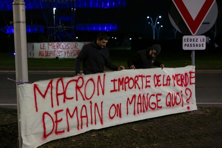 Des membres du syndicat des Jeunes agriculteurs manifestent leur opposition au traité avec le Mercosur, à Rixheim (Haut-Rhin), le 14 novembre 2024