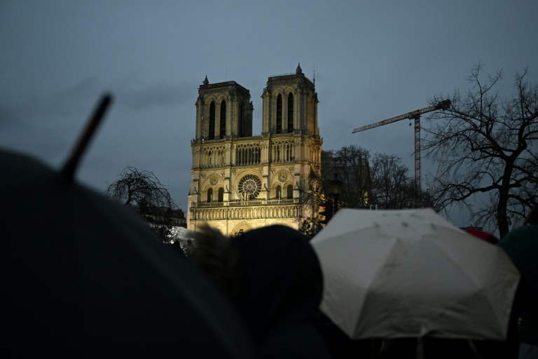 Des passants réunis sous la pluie en dehors du périmètre de sécurité devant la cathédrale Notre-Dame de Paris, le 7 décembre 2024