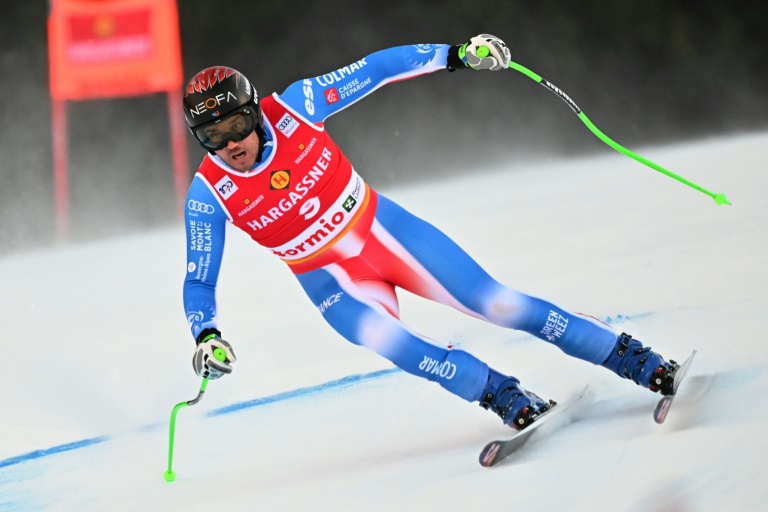 Le Français Nils Allegre lors du super-G de Bormio, comptant pour la Coupe du monde masculine de ski alpin, le 29 décembre 2024