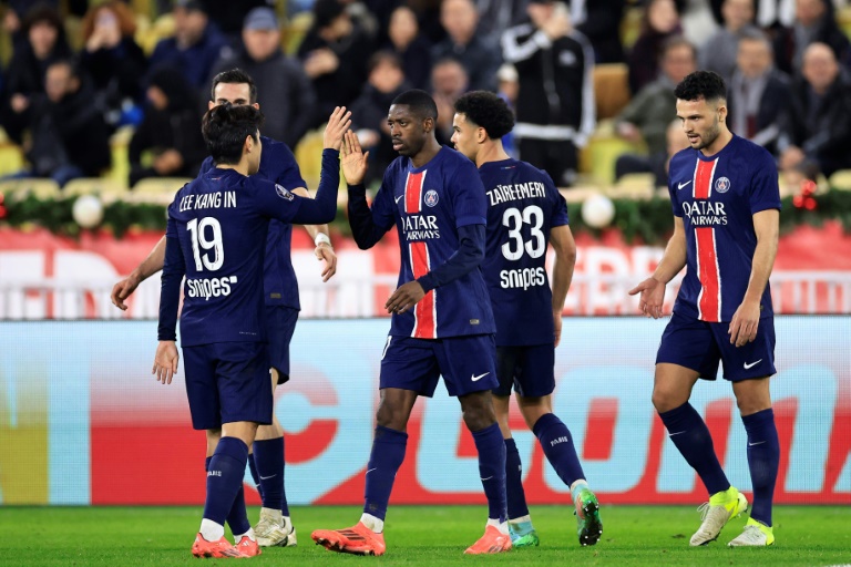 La joie des Parisiens après leur victoire à Monaco (4-2), le 18 décembre 2024 au stade Louis II