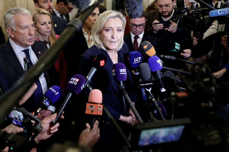 Le cheffe de file de l'extrême droite Marine Le Pen répond aux journalistes à l'Assemblée nationale, le 2 décembre 2024