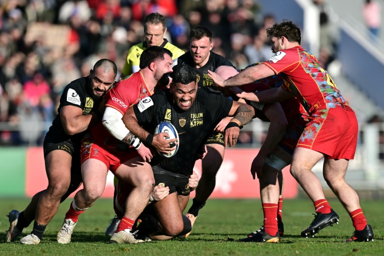 Le Samoan de Toulon Brian Alainu'uese porte le ballon lors du match de Champions Cup contre les Harlequins dimanche au stade Mayol de Toulon.