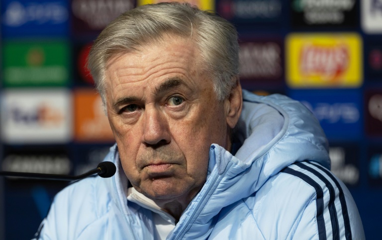 L'entraîneur du Real Madrid Carlo Ancelotti à la veille du match de Ligue des champions contre Brest, le 28 janvier 2025 à Guingamp