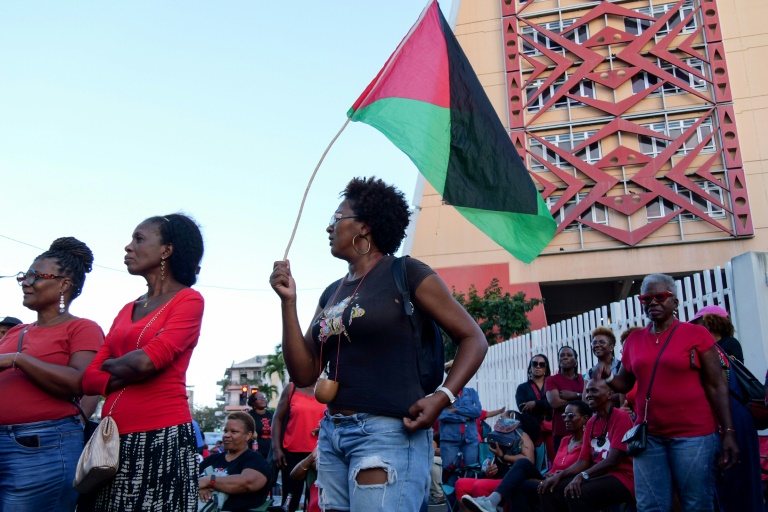 Des manifestants rassemblés devant le tribunal judiciaire de Fort-de-France pendant le procès de l'activiste Rodrigue Petitot, leader du mouvement contre la vie chère, le 22 janvier 2025 en Martinique