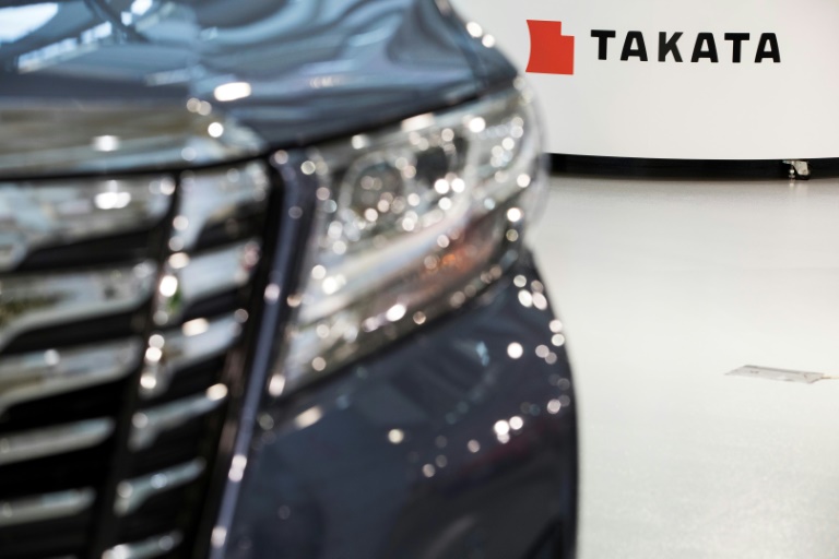 Le logo du fabricant japonais d'airbags Takata, qui a fait faillite, à Tokyo le 23 juin 2017