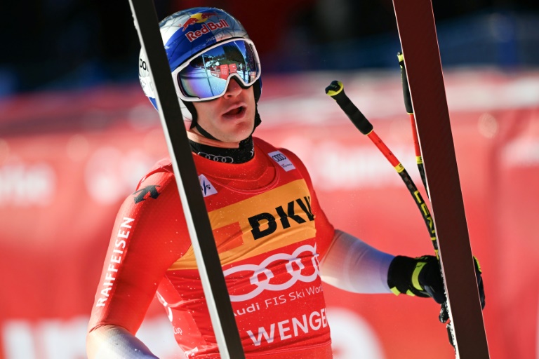 Le champion suisse Marco Odermatt à l'arrivée du super-G de Wengen, le 17 janvier 2025