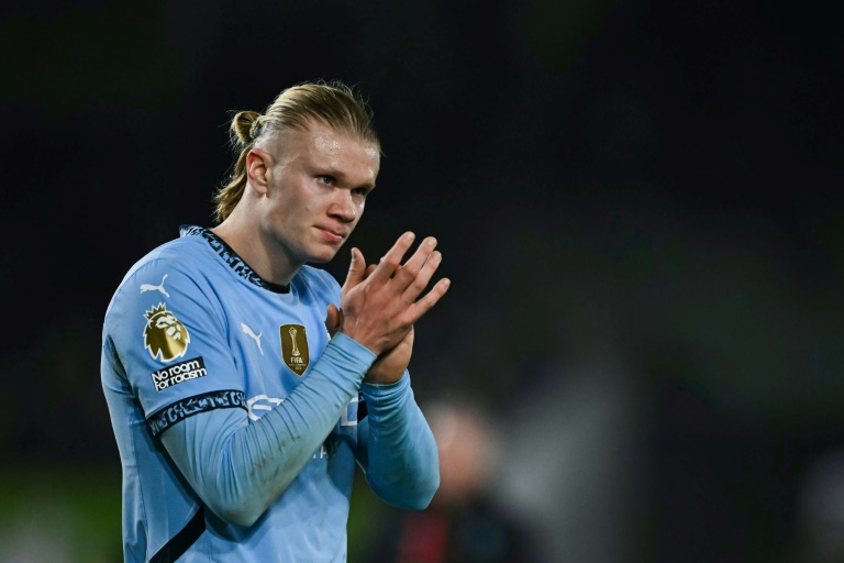 Le buteur norvégien de Manchester City Erling Haaland, qui vient de prolonger son bail avec le club jusqu'en 2034, le 14 janvier 2025 à Brentford en Premier League (2-2)