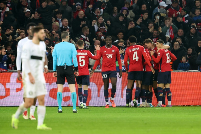 La joie des Lillois après le but d'Hakon Arnar Haraldsson en Ligue des champions face au Sturm Graz au stade Pierre-Mauroy à Villeneuve d'Ascq, le 11 décembre 2024