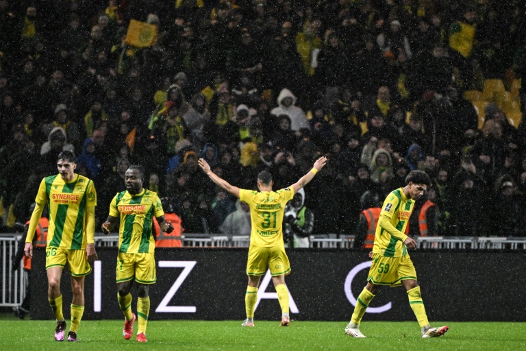 Mostafa Mohamed qui célèbre, après avoir inscrit le but permettant aux Nantais d'égaliser face à Lyon à domicile, lors de la 19e journée de L1 le 26 janvier 2025