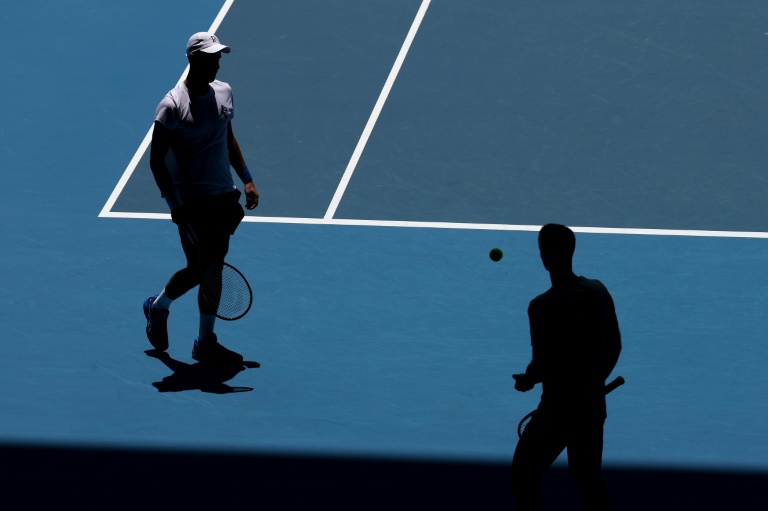 Novak Djokovic et son nouveau coach Andy Murray lors d'un entraînement à Melbourne avant l'Open d'Australie, le 11 janvier 2025.