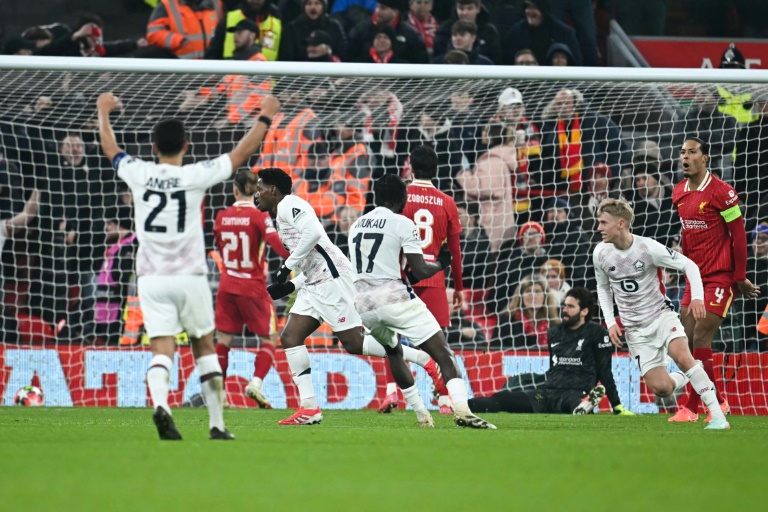 Jonathan David égalise pour Lille face à Liverpool, en Ligue des champions, le 21 janvier 2025 à Anfield