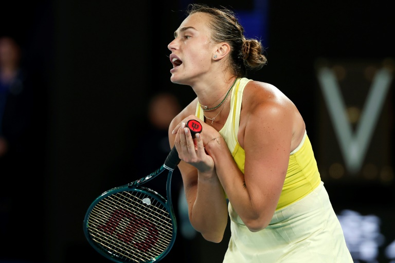 La Bélarusse Aryna Sabalenka en finale de l'Open d'Australie face à Madison Keys à Melbourne, le 25 janvier 2025