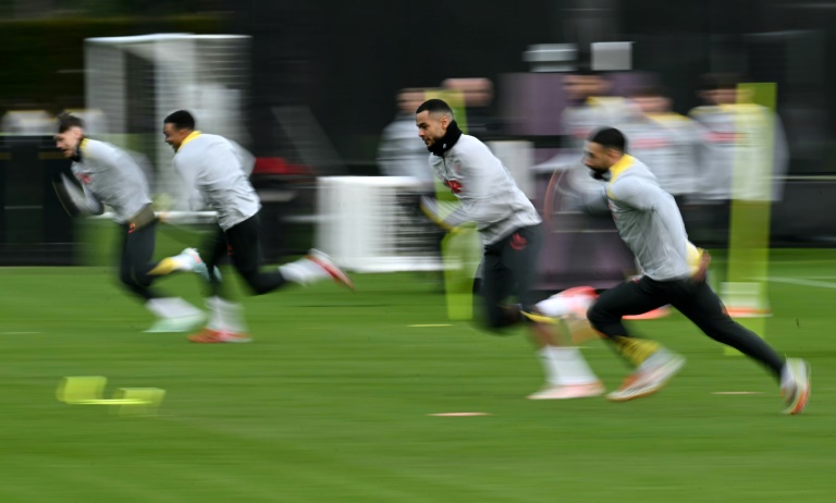 Les joueurs de Liverpool à l'entraînement, le 28 janvier 2025, avant leur match de Ligue des champions contre le PSV Eindhoven.