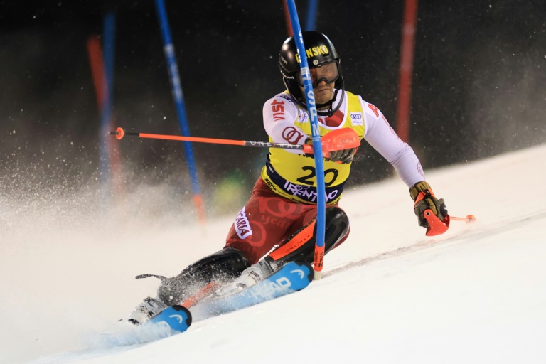 Le Bulgare Albert Popov lors de la première manche du slalom de Madonna di Campiglio le 8 janvier 2025