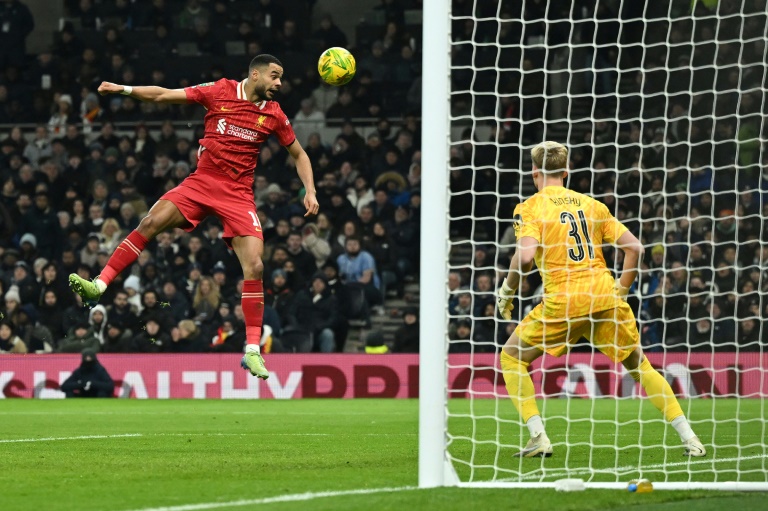 Antonin Kinsky, le jeune gardien tchèque de Tottenham, devant l'attaquant de Liverpool Cody Gakpo en demi-finale aller de Coupe de la Ligue le 8 janvier 2025 à Tottenham