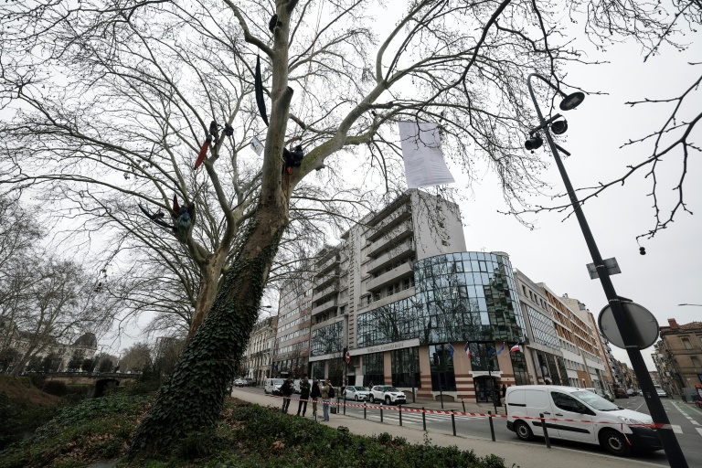 Des militants du GNSA (Groupe national de surveillance des arbres) perchés dans un arbre lors d'une manifestation contre la construction de l'autoroute A69, devant le tribunal administratif de Toulouse, le 17 février 2025 en haute-Garonne