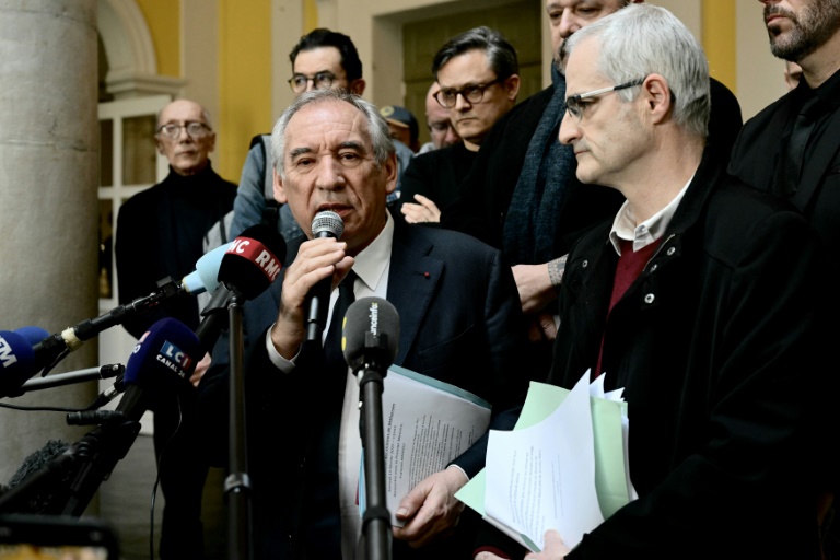 Le Premier ministre Francois Bayrou (g) lors d'une conférence de presse avec le porte-parole du collectif des victimes de Bétharram, Alain Esquerre, le 15 février 2025 à Pau