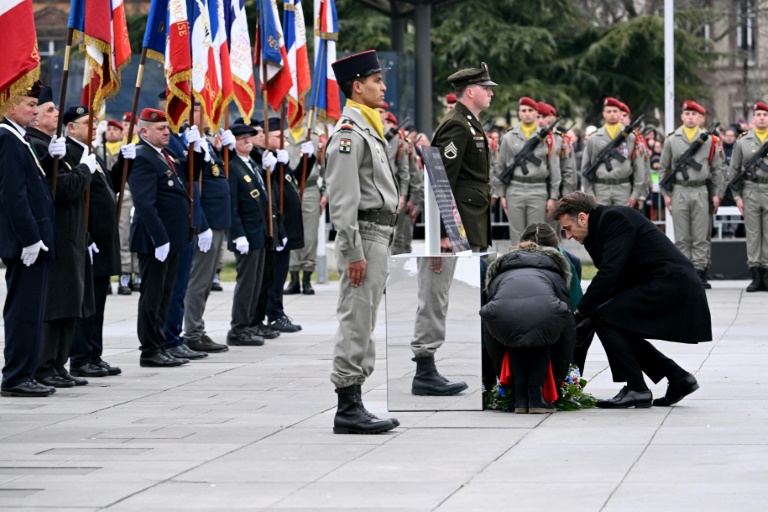 Le président français Emmanuel Macron lors des commémorations de la Libération de Colmar, il y a 80 ans, le 2 février 2025 à Colmar