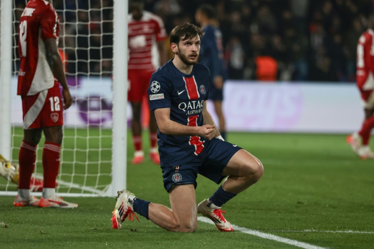 Khvicha Kvaratskhelia, buteur pour le PSG face à Brest, en barrage retour de la Ligue des champions, le 19 février 2025 au Parc des Princes