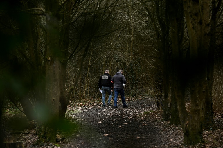 Des policiers dans un bois de Longjumeau (Essonne) où le corps d'une collégienne de 11 ans, a été retrouve le 8 février 2025