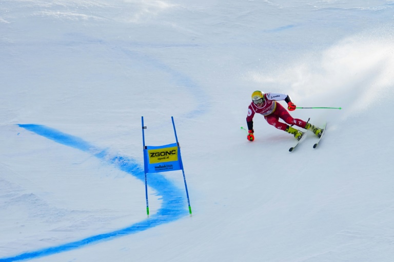 L'Autrichien Raphael Haaser lors de la seconde manche du géant des Mondiaux de ski qu'il a remporté, le 14 février 2025 à Saalbach (Autriche)