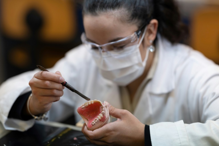 Une étudiante travaille sur une prothèse dentaire le 14 février 2025 à la faculté d'odontologie de Brest