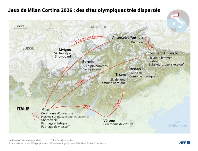 La carte des sites de compétition des Jeux olympiques d'hiver 2026