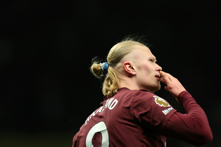 Le joueur de Manchester City Erling Haaland lors du match de championnat d'Angleterre de football contre Tottenham Hotspur au stade de Tottenham le 26 février 2025.