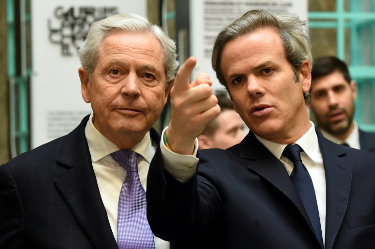 Philippe Houzé (g) et Guillaume Houzé lors de la présentation à la presse du nouveau grand magasin Galeries Lafayette sur les Champs Elysées, le 26 mars 2019 à Paris