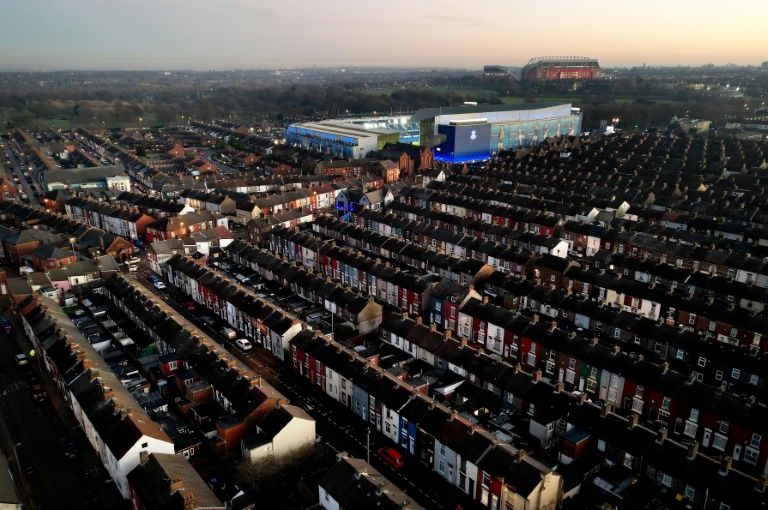 Vue aérienne de Goodison Park et du quartier environnant, le 15 janvier 2025 à Liverpool