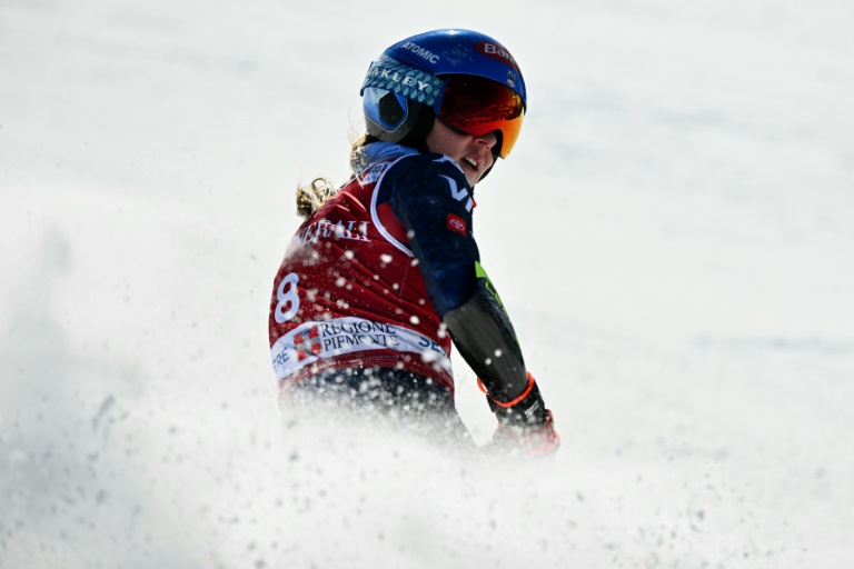 L'Américaine Mikaela Shiffrin lors du géant de Sestrières, en Coupe du monde de ski alpin le 21 février 2025.