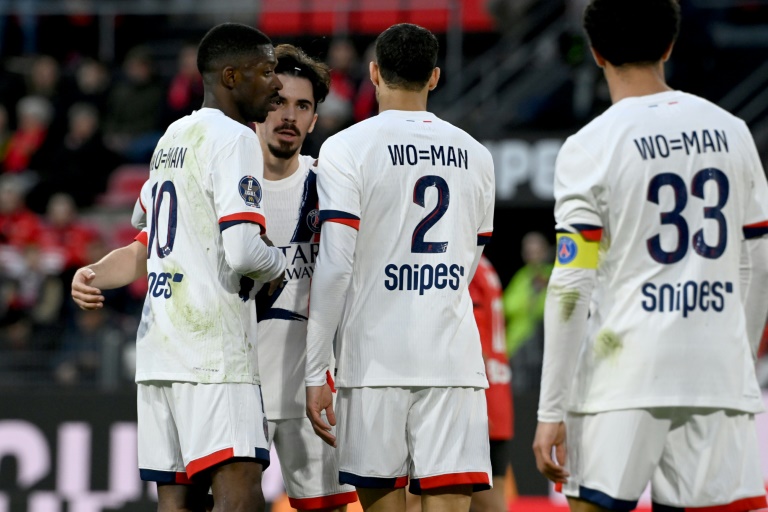 Ousmane Dembélé et ses coéquipiers du PSG lors de la victoire face au Stade Rennais (4-1) à Rennes en Ligue 1 le 8 mars 2025