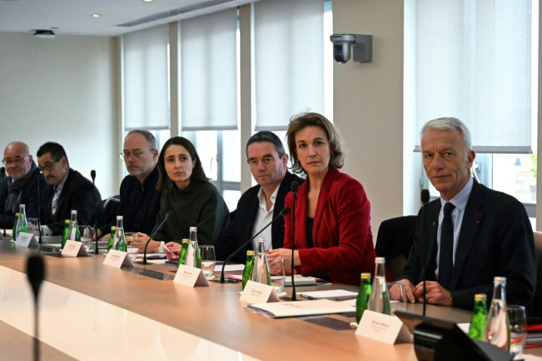 Réunion du Premier ministre François Bayrou avec les organisations syndicales et patronales sur le dossier des retraites, avec Sophie Binet, la secrétaire générale de la CGT (4e à partir de la gauche), Yvan Ricordeau (CFDT), Marylise Léon, la secrétaire générale de la CFDT, Patrick Martin, président du Medef, Paris, le 17 janvier 2025