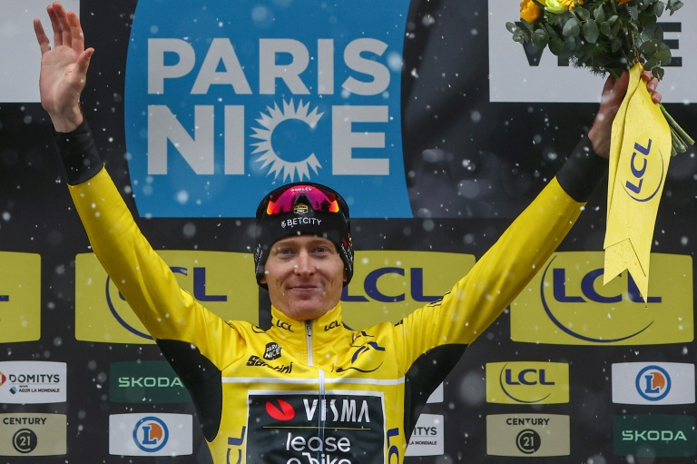 L'Américain Matteo Jorgenson (Visma-Lease a bike) a conservé son maillot jaune de leader après la 7e étape de Paris-Nice, entre Nice et Auron, le 15 mars 2025