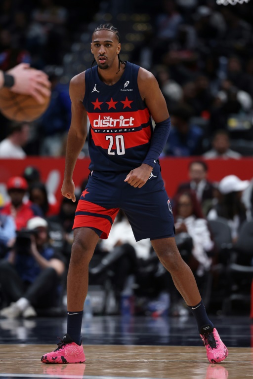 Alexandre Sarr, le pivot français des Wizards de Washington, lors d'un match de NBA contre le Utah Jazz, à Washington, le 5 mars 2025