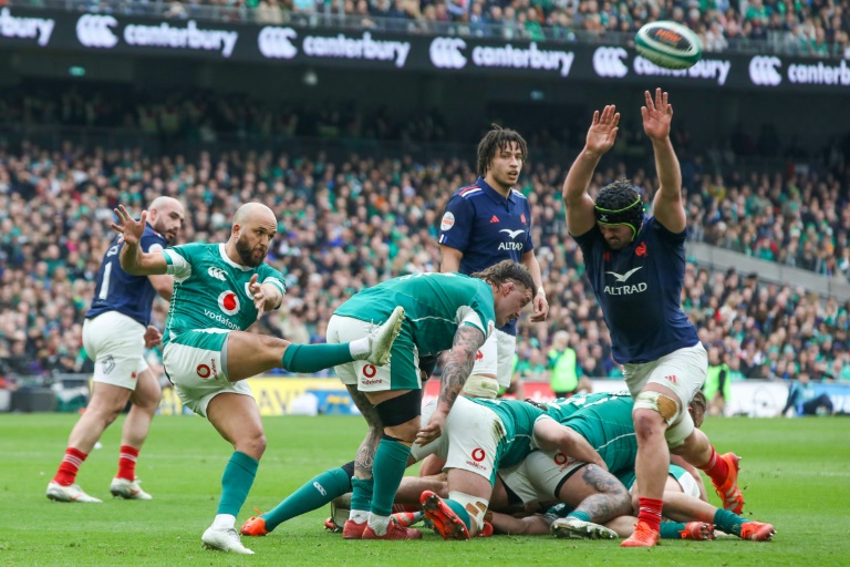 Le joueur de rugby français Gregory Alldritt (à droite) tente d'intercepter le ballon lors du match du Tournoi des six nations contre l'Irlande au stade Aviva de Dublin le 8 mars 2025.