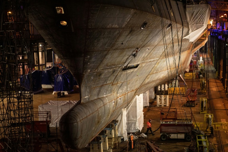 Une corvette Gowind en construction sur le chantier de Naval Group à Lorient (Morbihan), le 13 janvier 2022