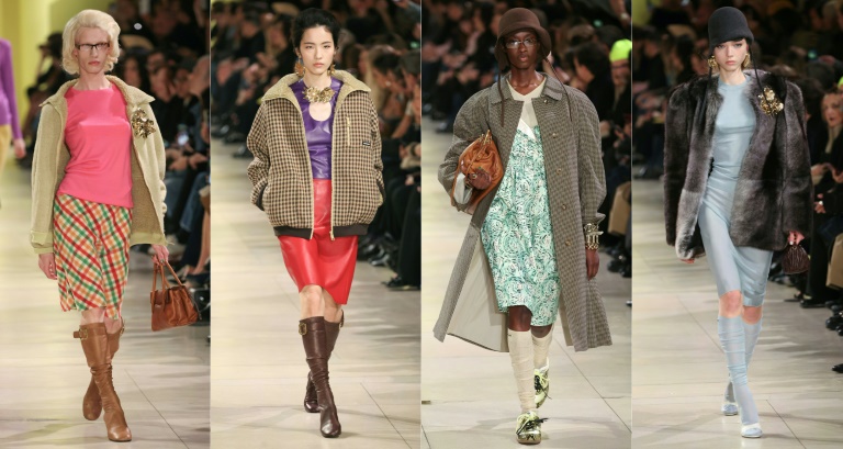 Montage photos du défilé prêt-à-porter féminin automne-hiver 2025-2026 de Miu Miu, lors de la Fashion Week à Paris, le 11 mars 2025