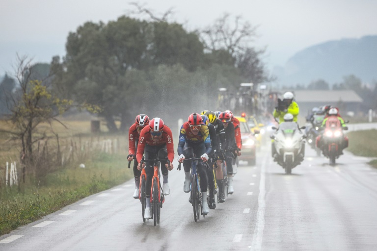 Des coureurs durant la 6e étape de Paris-Nice entre Saint-Julien-en-Saint-Alban et Berre-l’Étang, le 14 mars 2025